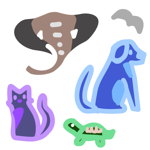 Scattered around an image using light line art is a dark grey-brown elephant head, a white bird or bat in flight, a blue dog and a purple cat in a sitting position, and a green turtle with a brown shell.